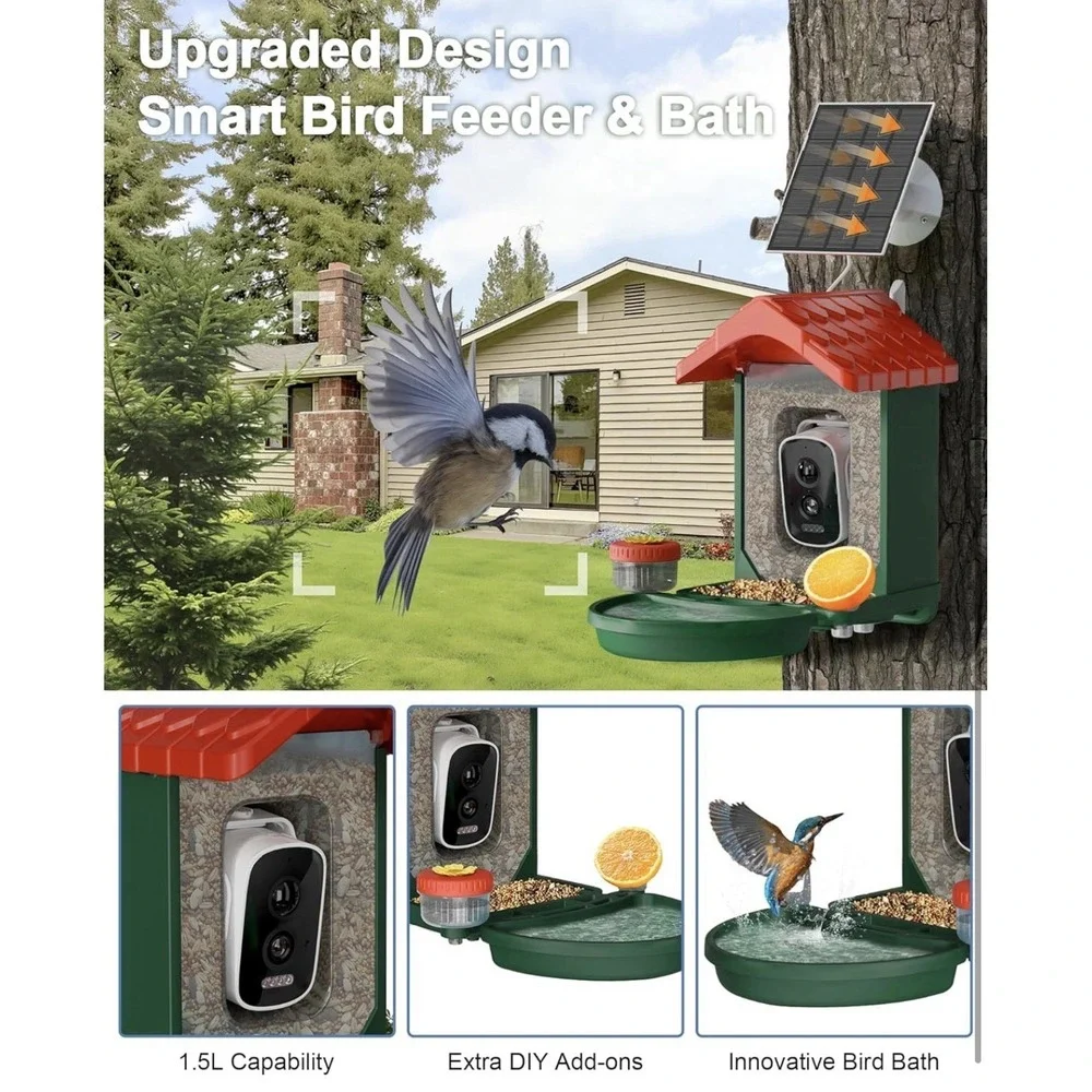 Smart Bird Feeder & Bath 2-in-1 4K Camera Solar AI Identify Outdoor Birdwatching